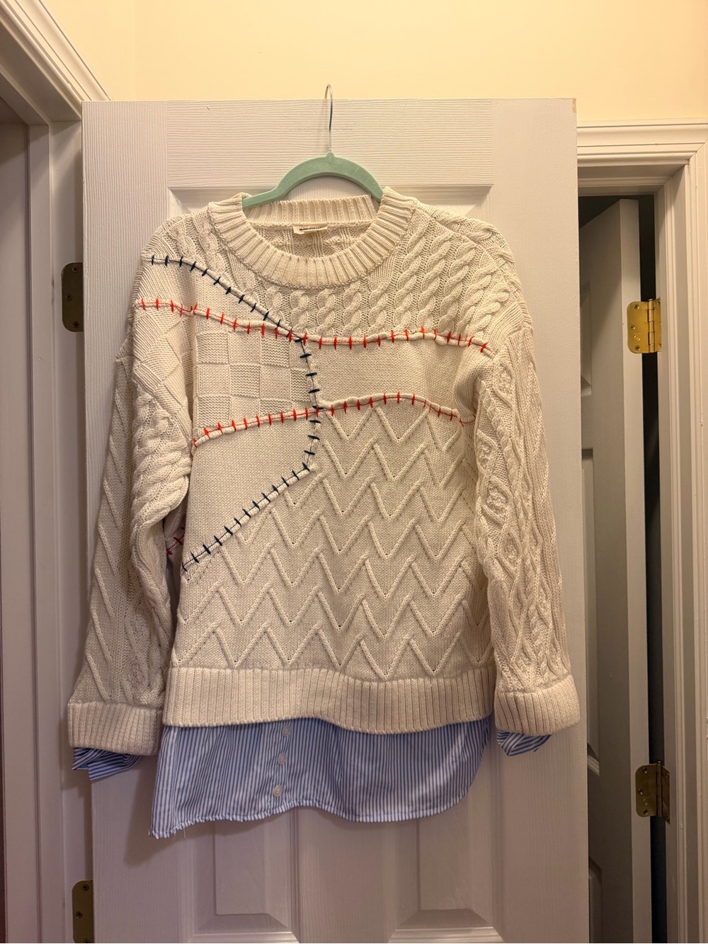 Pilcro Cream Cable-Knit Crewneck Sweater with Red & Navy Stitching